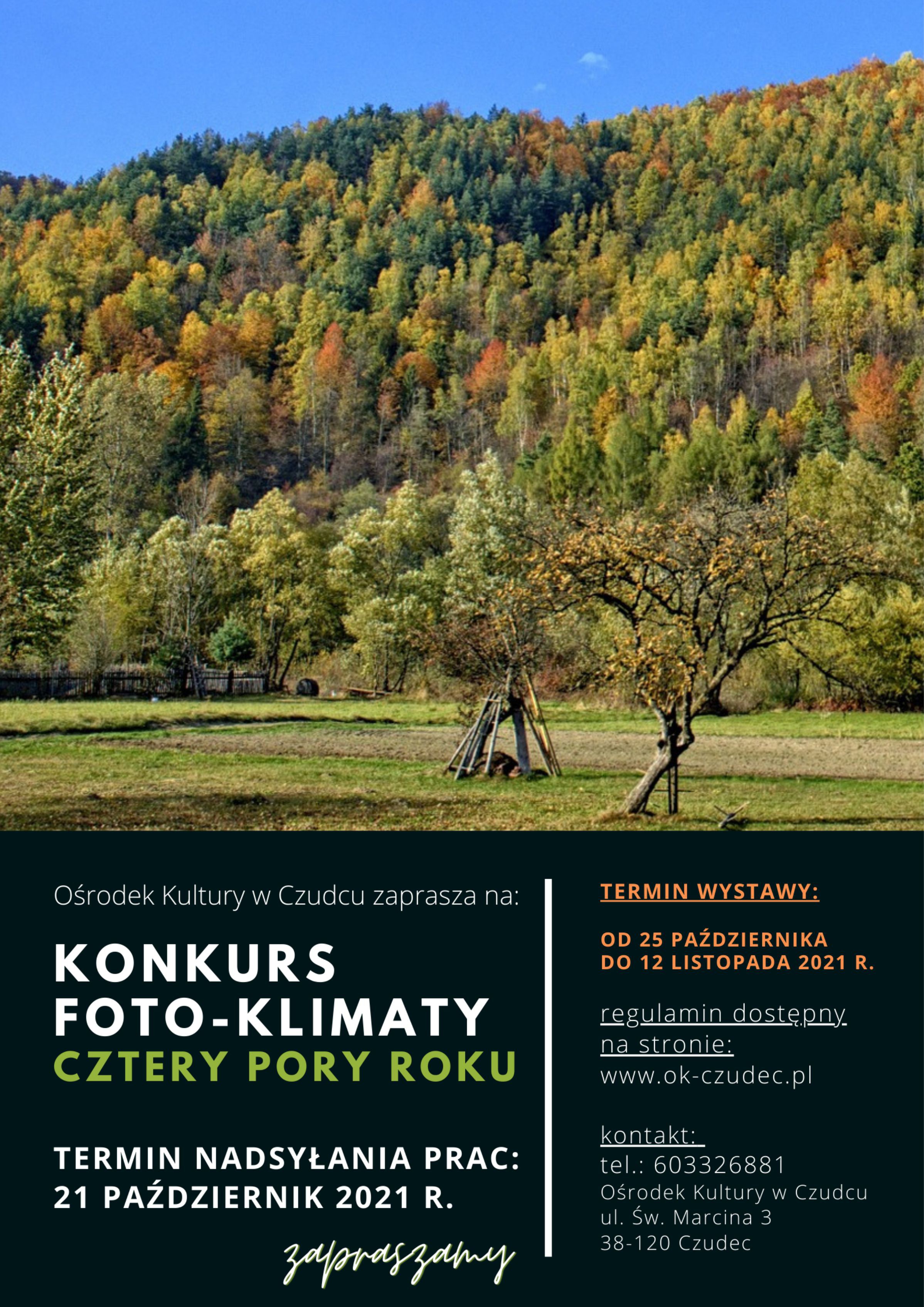 plakat zachęcajacy do konkursu fotograficznego z jesienną fotografią drzew